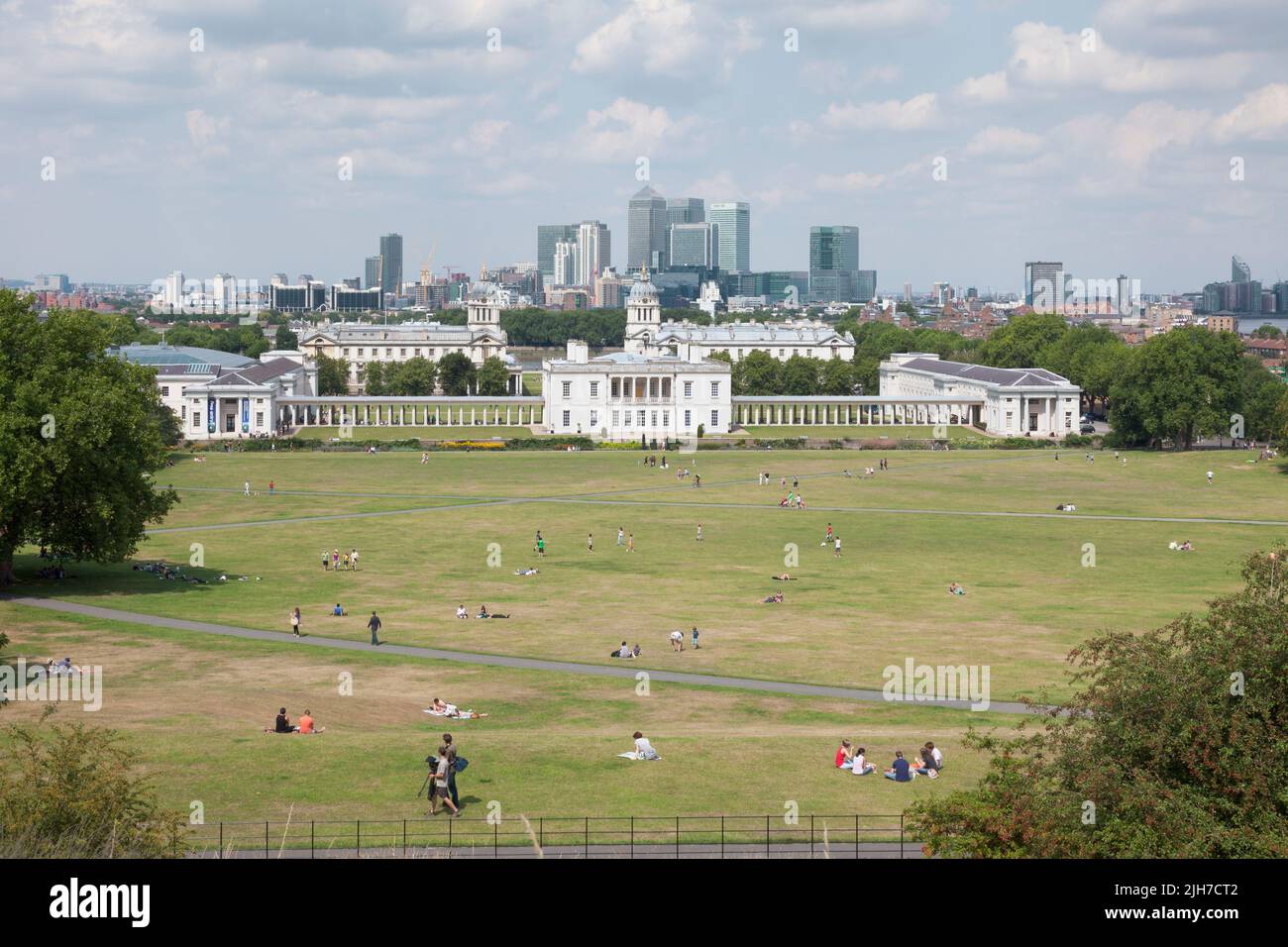View from Greenwich over Queens House Royal Naval College and Canary Wharf, London, UK Stock Photo