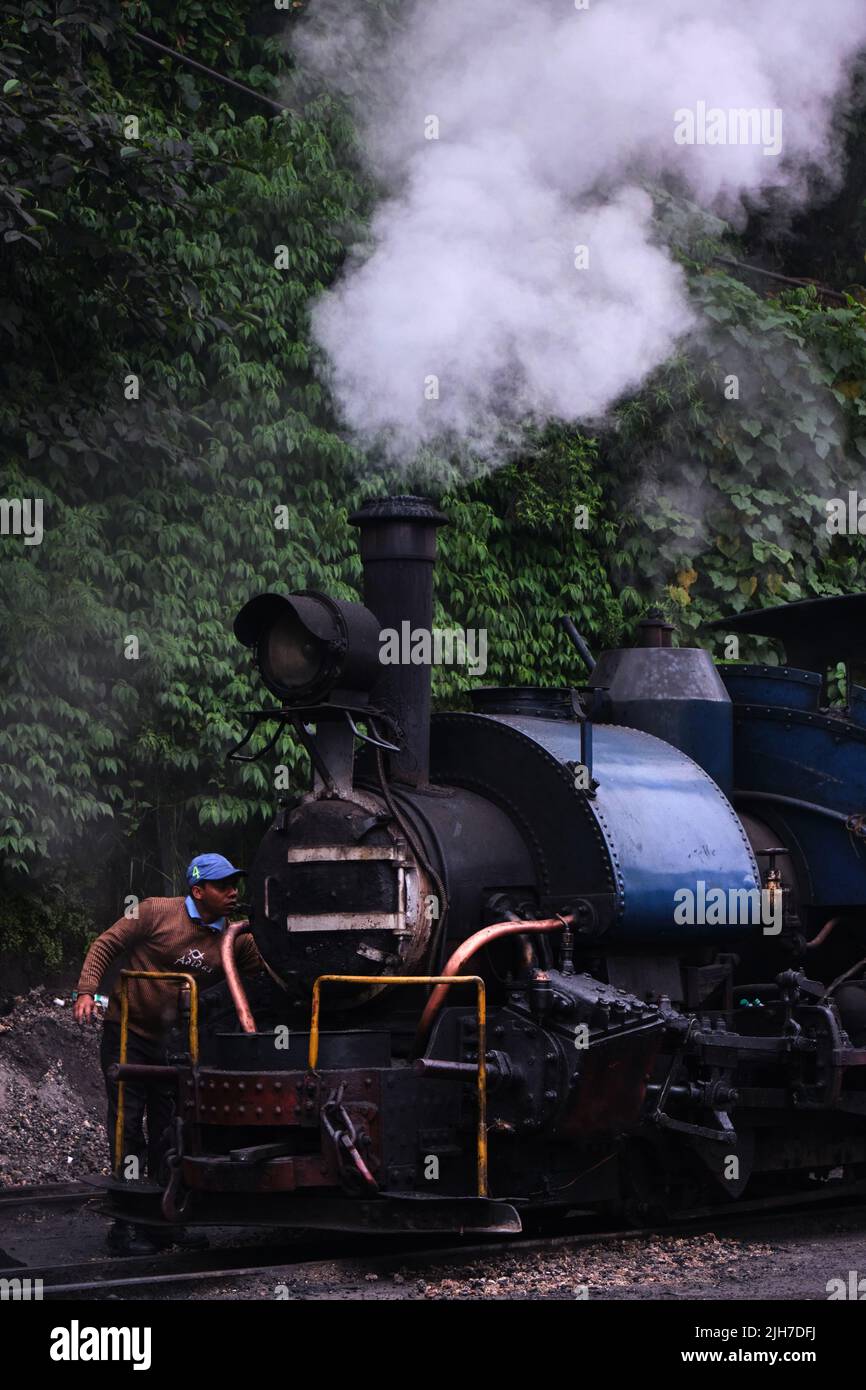 Darjeeling, West Bengal, India - Close up detail of steam engine toy train of Darjeeling Himalayan railway at station, Darjeeling Himalayan railway is Stock Photo