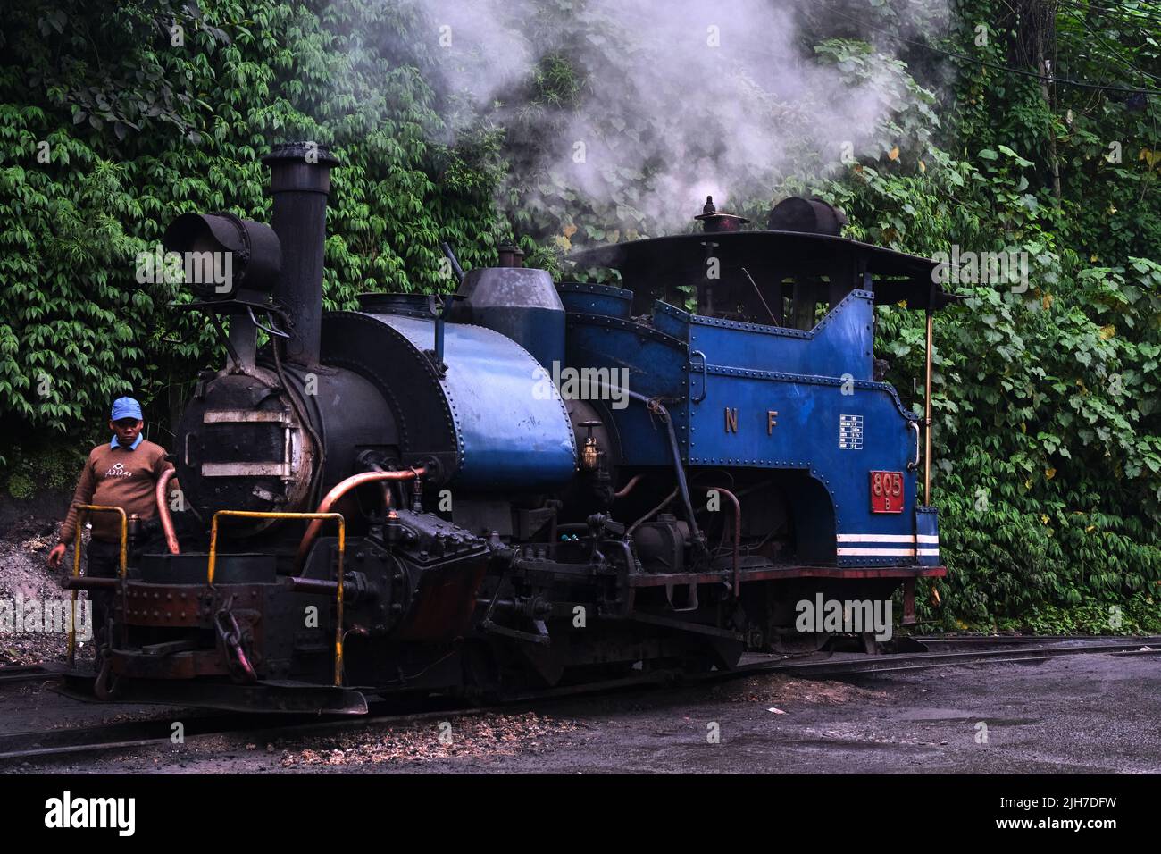 Darjeeling, West Bengal, India - Close up detail of steam engine toy train of Darjeeling Himalayan railway at station, Darjeeling Himalayan railway is Stock Photo