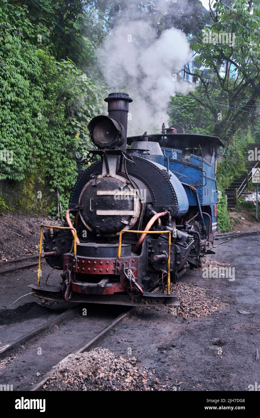 Darjeeling, West Bengal, India - Close up detail of steam engine toy train of Darjeeling Himalayan railway at station, Darjeeling Himalayan railway is Stock Photo