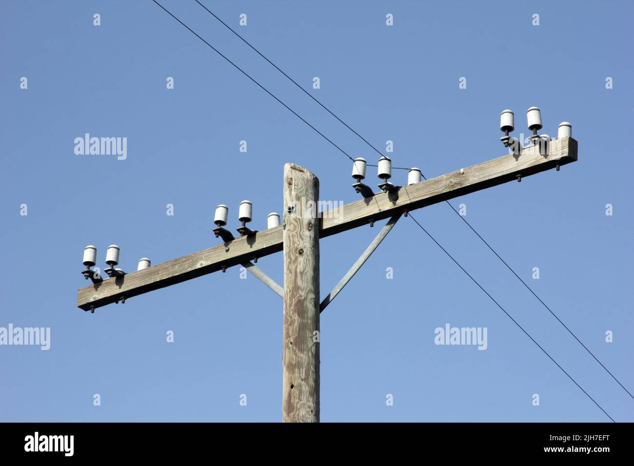 Power lines / telephone lines and support pole with insulators Stock