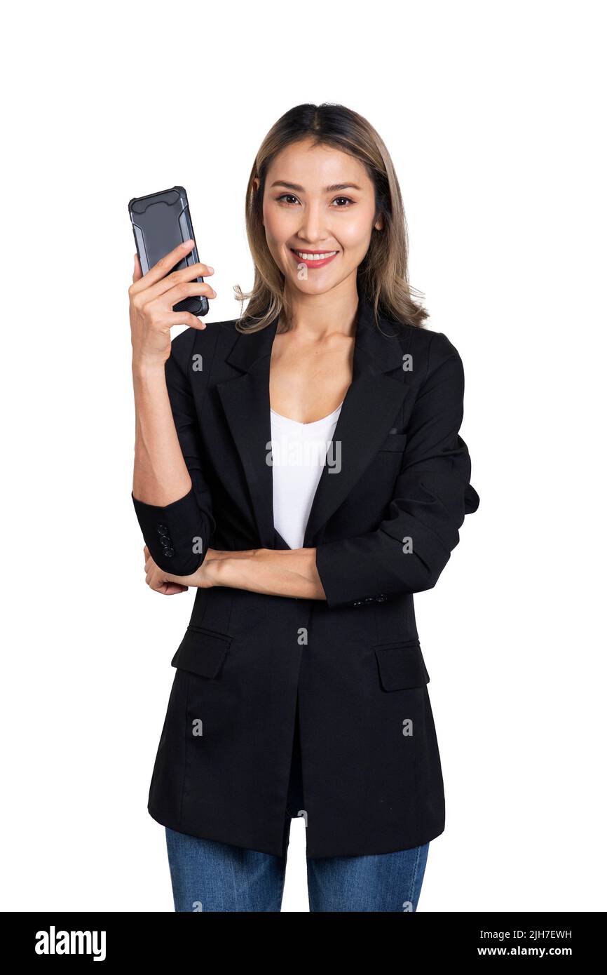 Businesswoman in black suit put her hand up showing back of smartphone