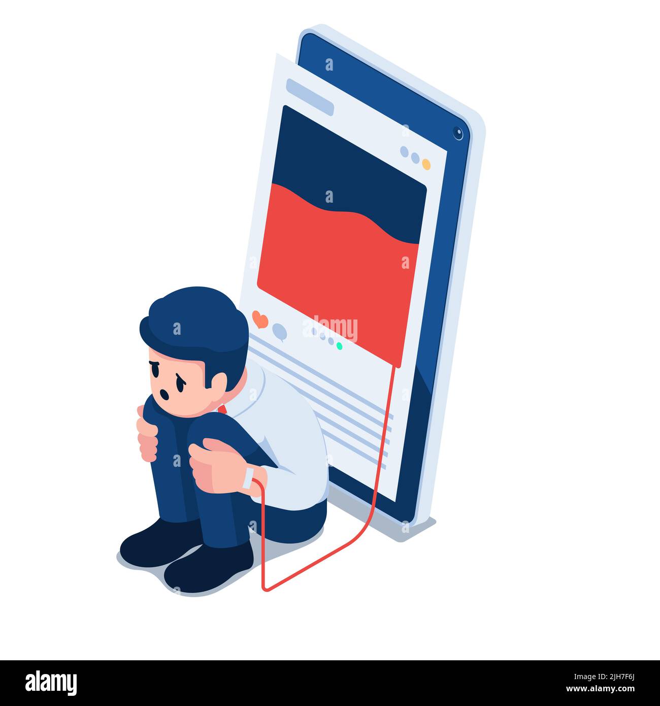 Flat 3d Isometric Man Injecting Social Media into The Arm. Social Media or Internet Addiction Concept. Stock Vector