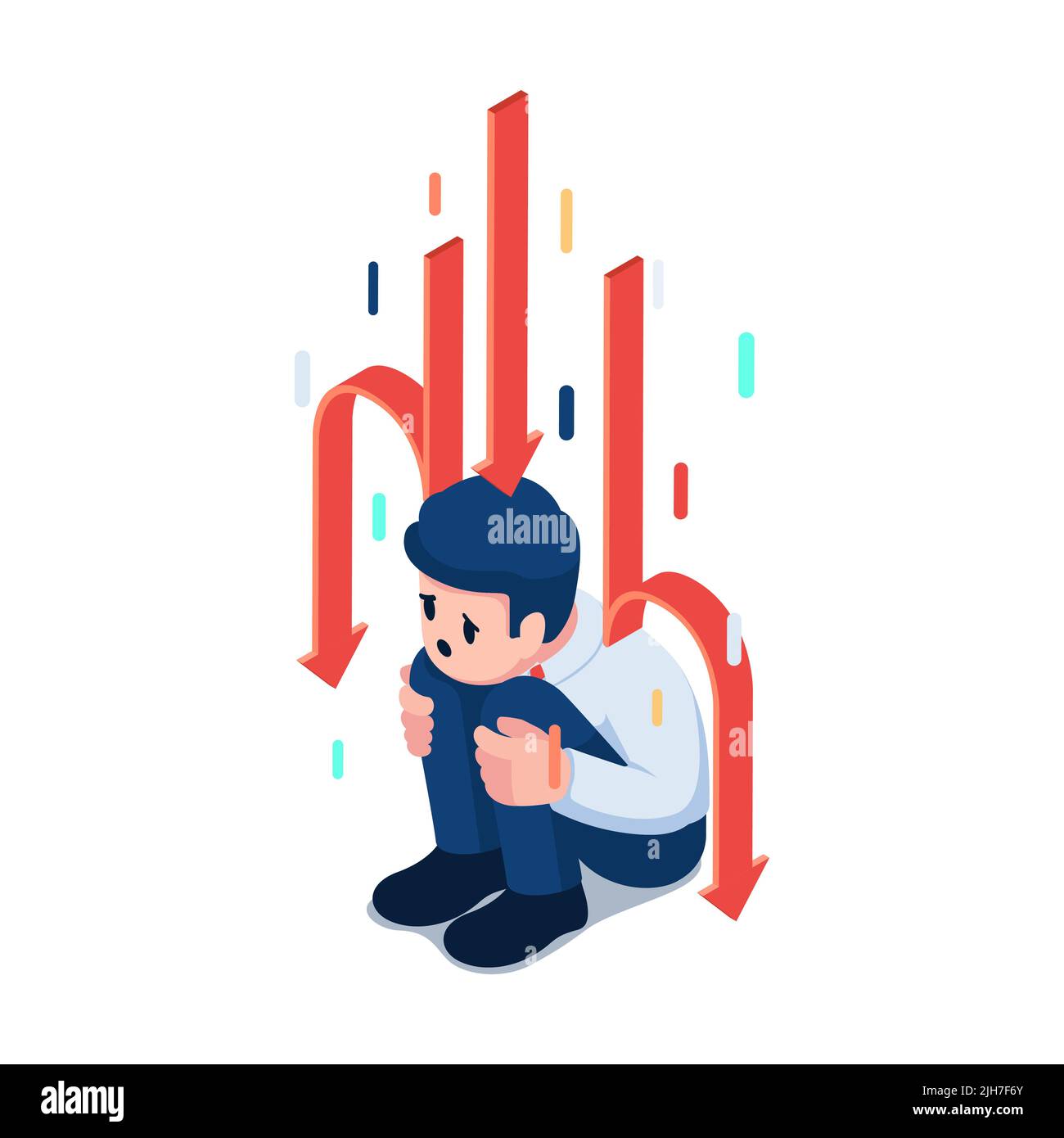Flat 3d Isometric Red Arrows Falling to Sad Businessman. Bankruptcy and Business Crisis Concept. Stock Vector