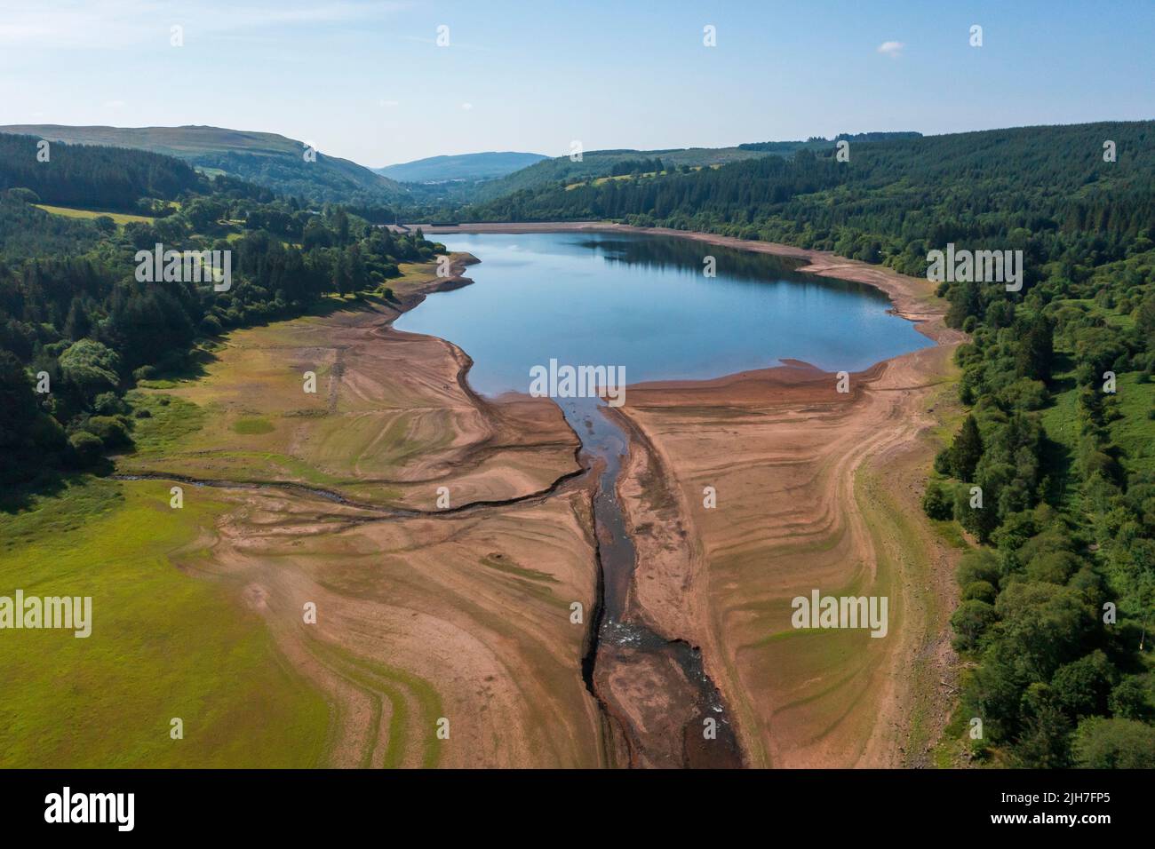 MERTHYR TYDFIL, WALES - JULY 16: An aerial view of water levels at the Llwyn-on Reservoir, the largest of the three reservoirs in the Taf Fawr valley Stock Photo