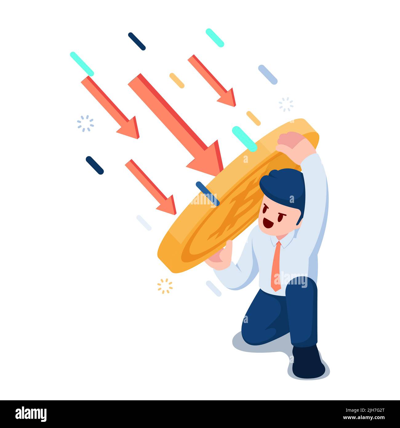 Flat 3d Isometric Businessman Use Bitcoin as a Shield to Protect Him From Falling Arrow. Bitcoin Cryptocurrency as a Safe Heaven from Stock Market Cra Stock Vector