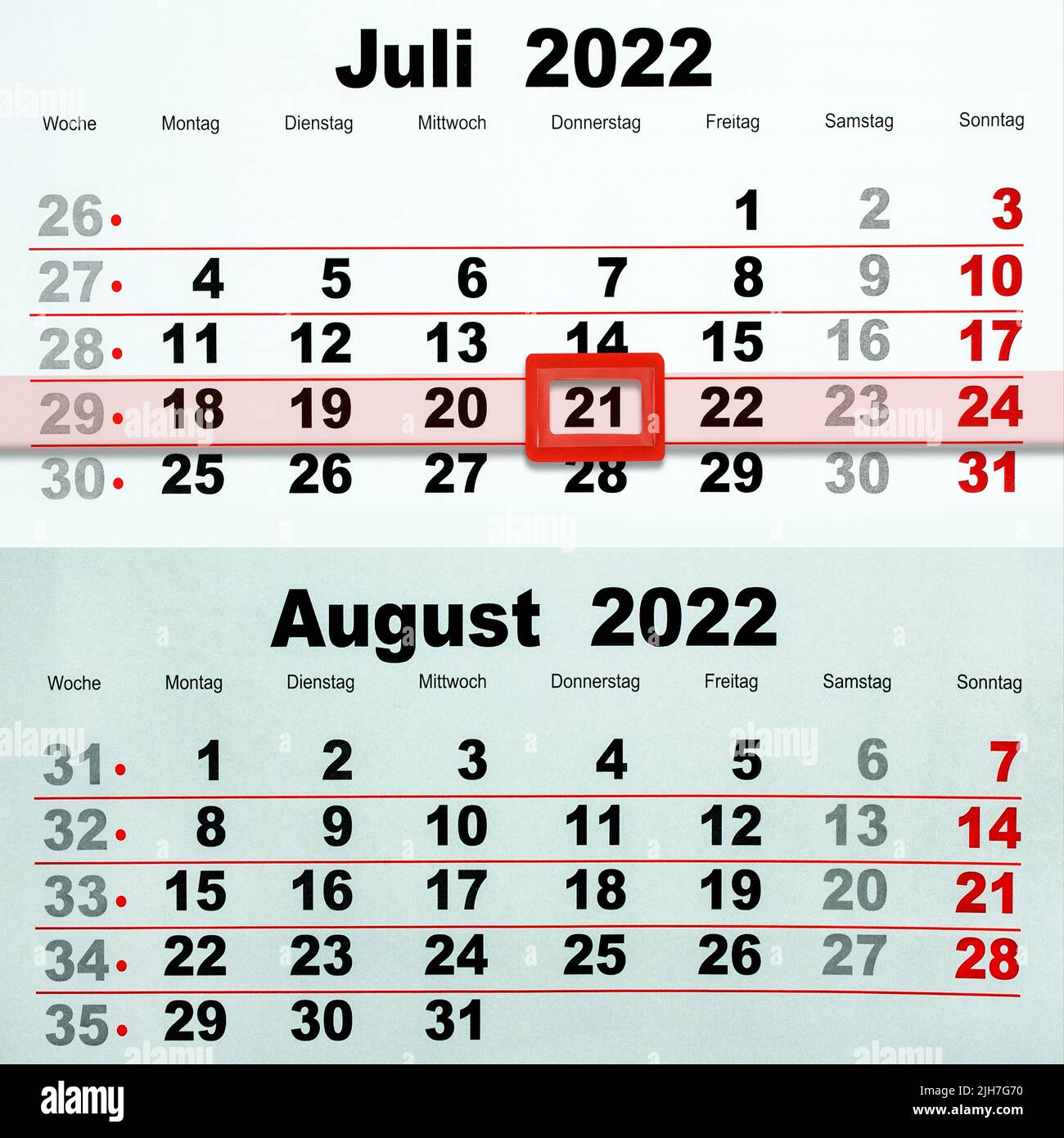 Deutscher Kalender Datum 21. Juli und August 2022 Stock Photo - Alamy