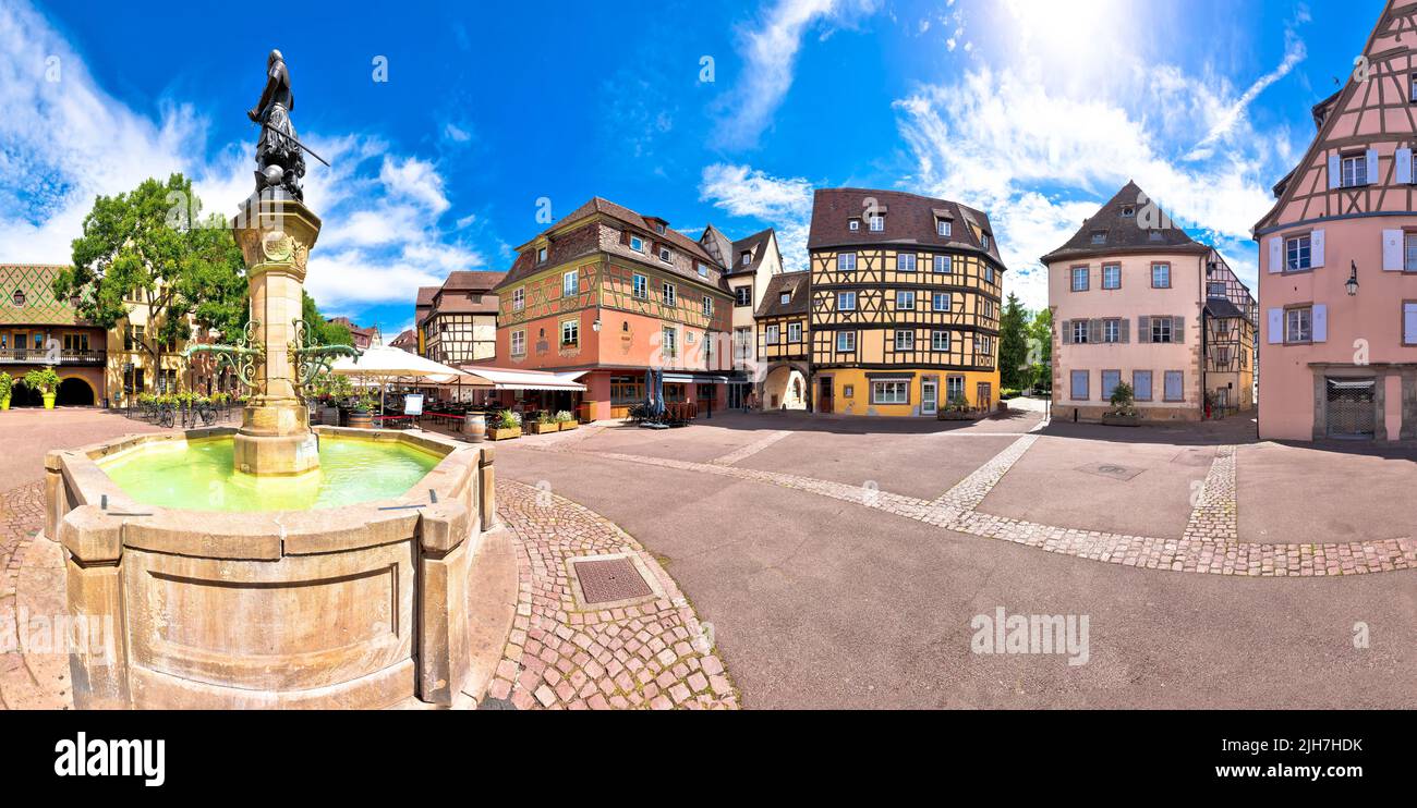 Colorful historic town of Colmar square and fountain panoramic view, Alsace region of France Stock Photo