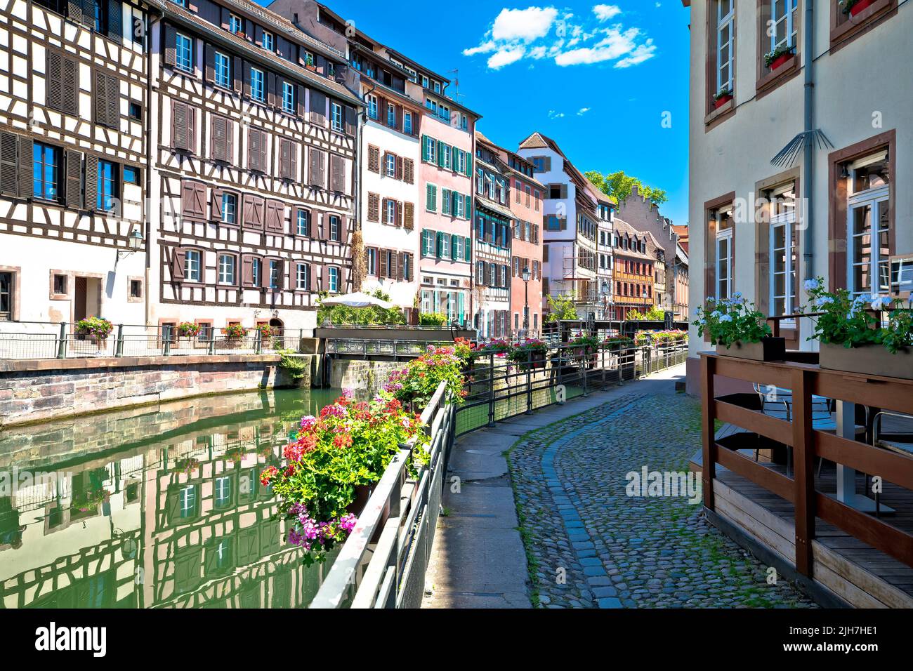 Town of Strasbourg canal and historic architecture in historic Little French quarters, Alsace region of France Stock Photo