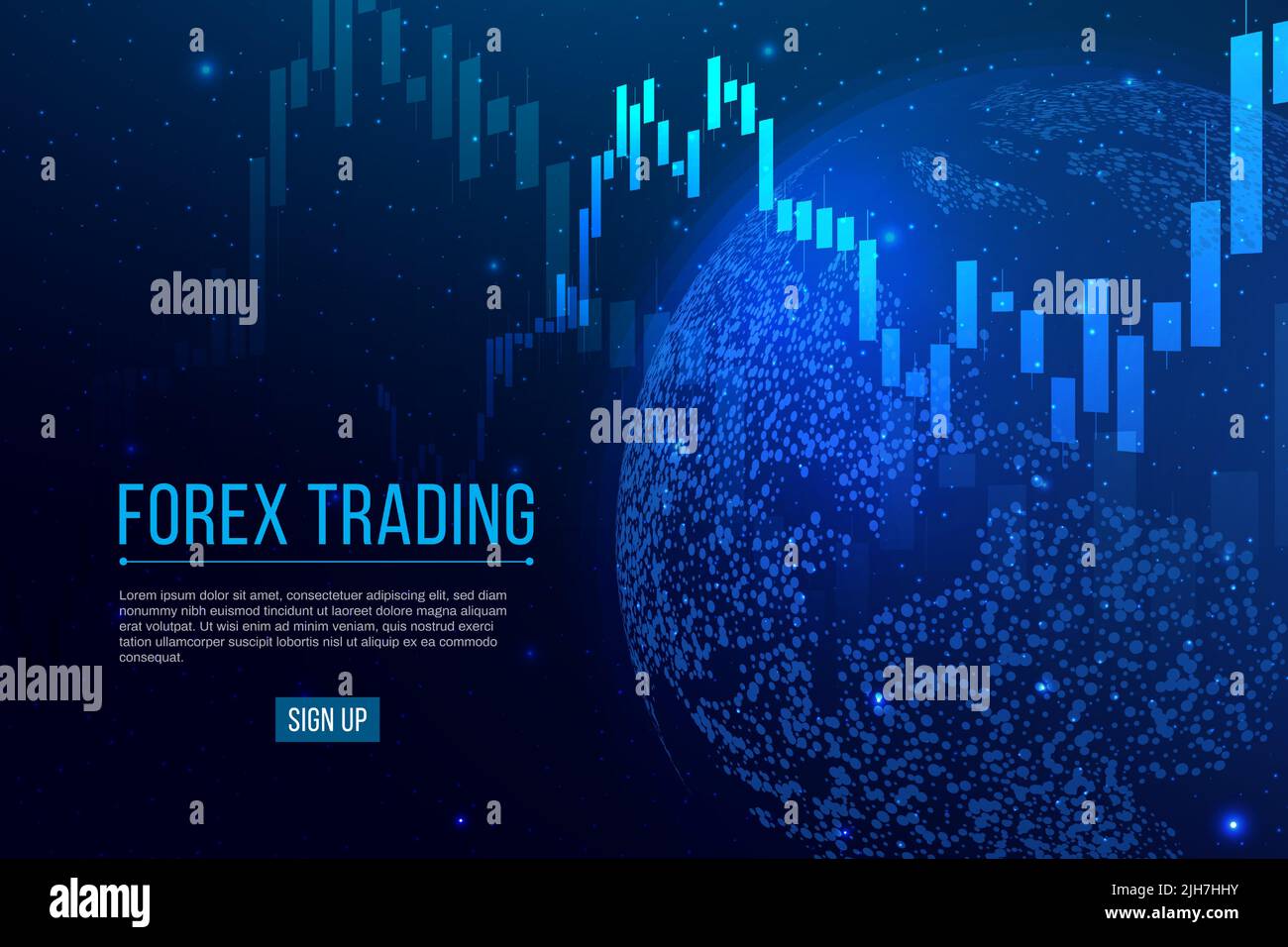 Forex trading banner. Candle stock graph chart with planet Earth. Stock market investment concepts. Global trading on blue background. Vector illustra Stock Vector