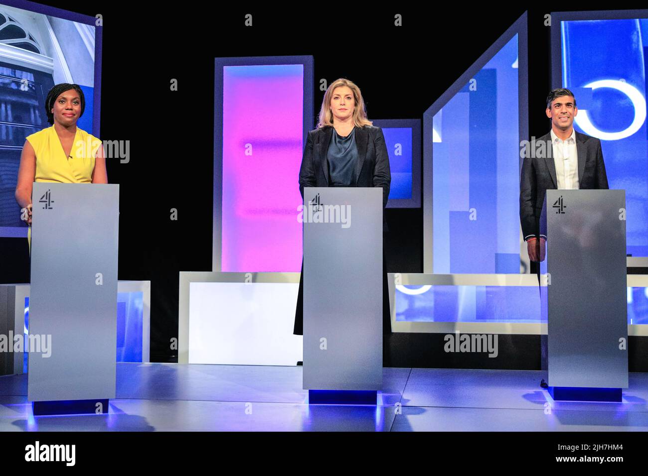 London, UK. 15th July, 2022. Badenoch, Mordaunt and Sunak. All five Conservative Party Leadership Candidates, (left to right) Kemi Badenoch, Penny Mordaunt, Rishi Sunak, Liz Truss and Tom Tugendhat and candidates to become the next Prime Minister of the UK take part in a debate and q&a moderated by Krishan Guru-Murthy of Channel 4. Credit: Imageplotter/Alamy Live News Stock Photo