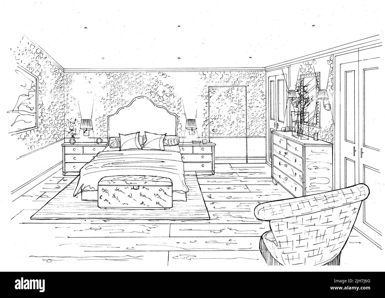 Black and white illustration of a bedroom on a white background Stock