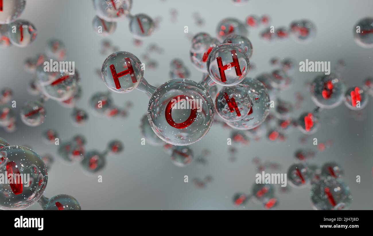 Water molecules, Molecular chemical formula H2O, odorless, Ball and Stick chemical structure model, Macro Liquid Bubbles, particles inside droplet, Stock Photo