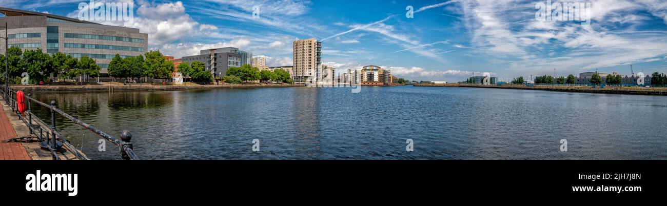 Panoramic view of Roath Basin in the Cardiff Bay area of Cardiff, Wales, United Kingdom Stock Photo