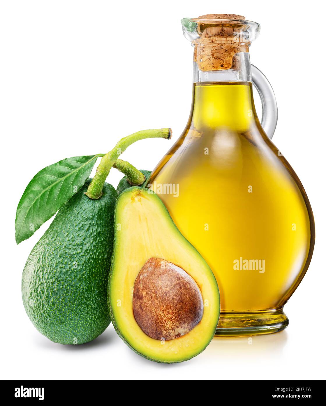 Bottle with avocado oil and ripe green avocados isolated on a white background. File contains