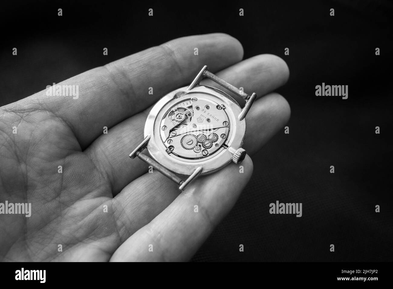 Detailed black and white watch mechanism, clockwork with jewels, close-up. Stock Photo