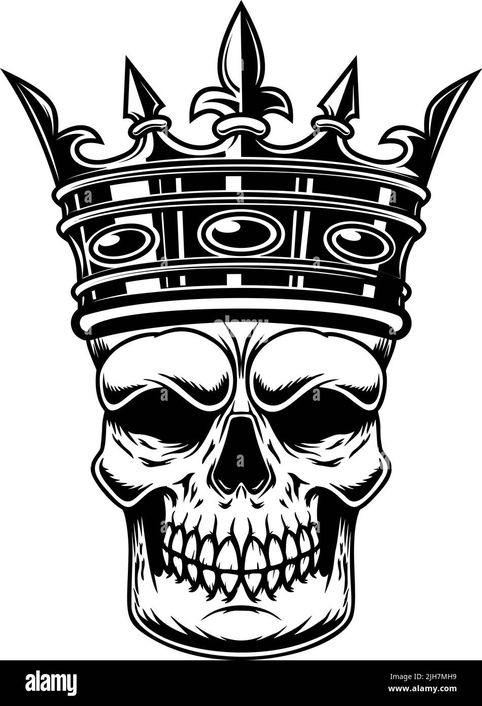 Skull with king crown. Design element for logo, label, sign, emblem. Vector illustration Stock Vector