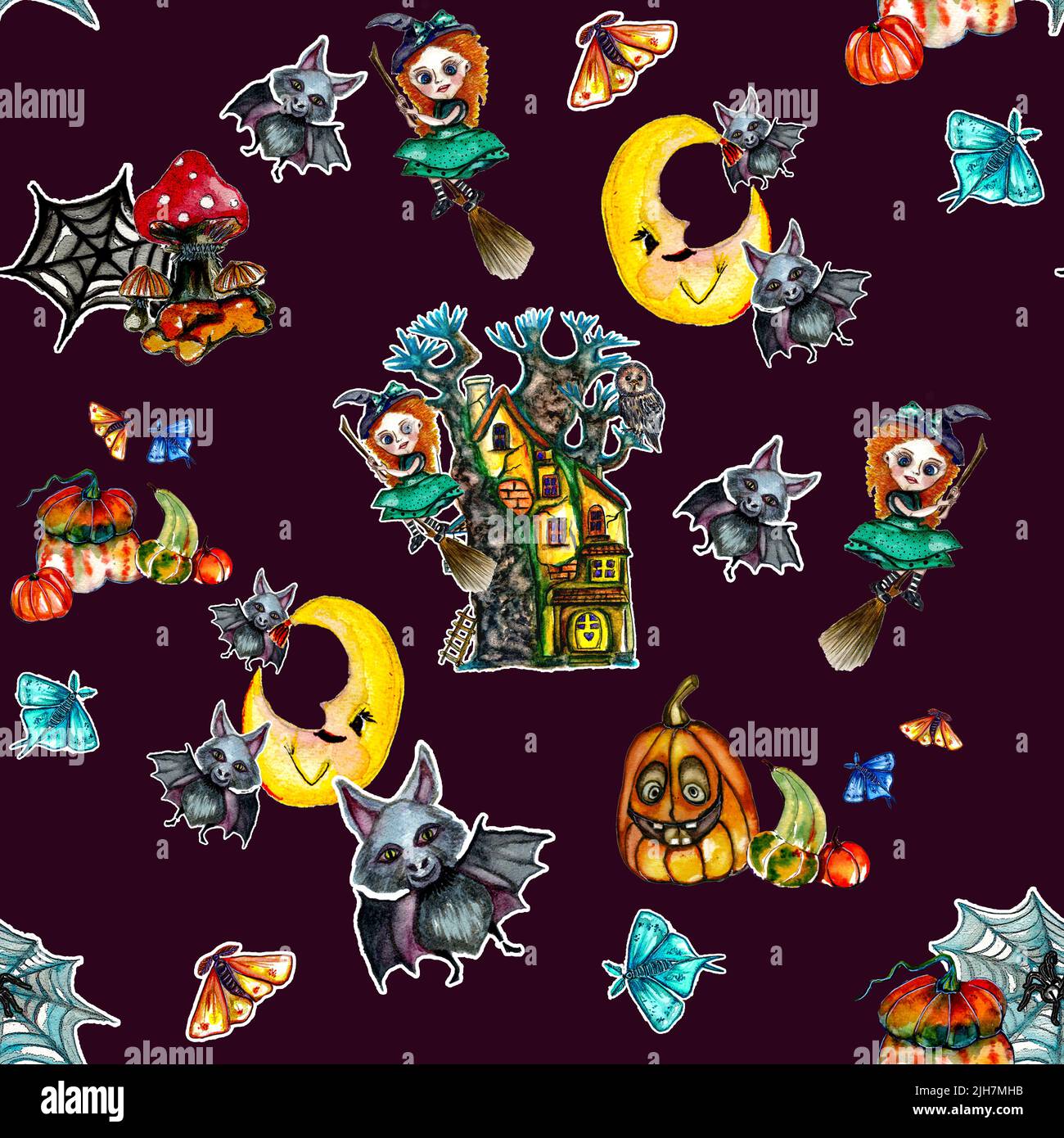 Watercolor hand drawn cute halloween seamless pattern with witch ...