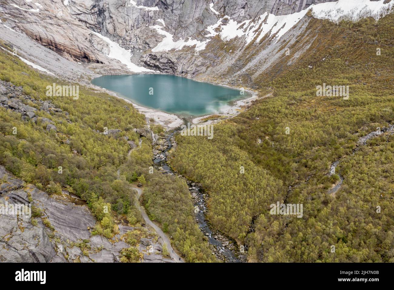 Aerial view of glacier Briksdalsbre, a glacier tongue of Jostedalsbre, and glacier lake, Norway Stock Photo
