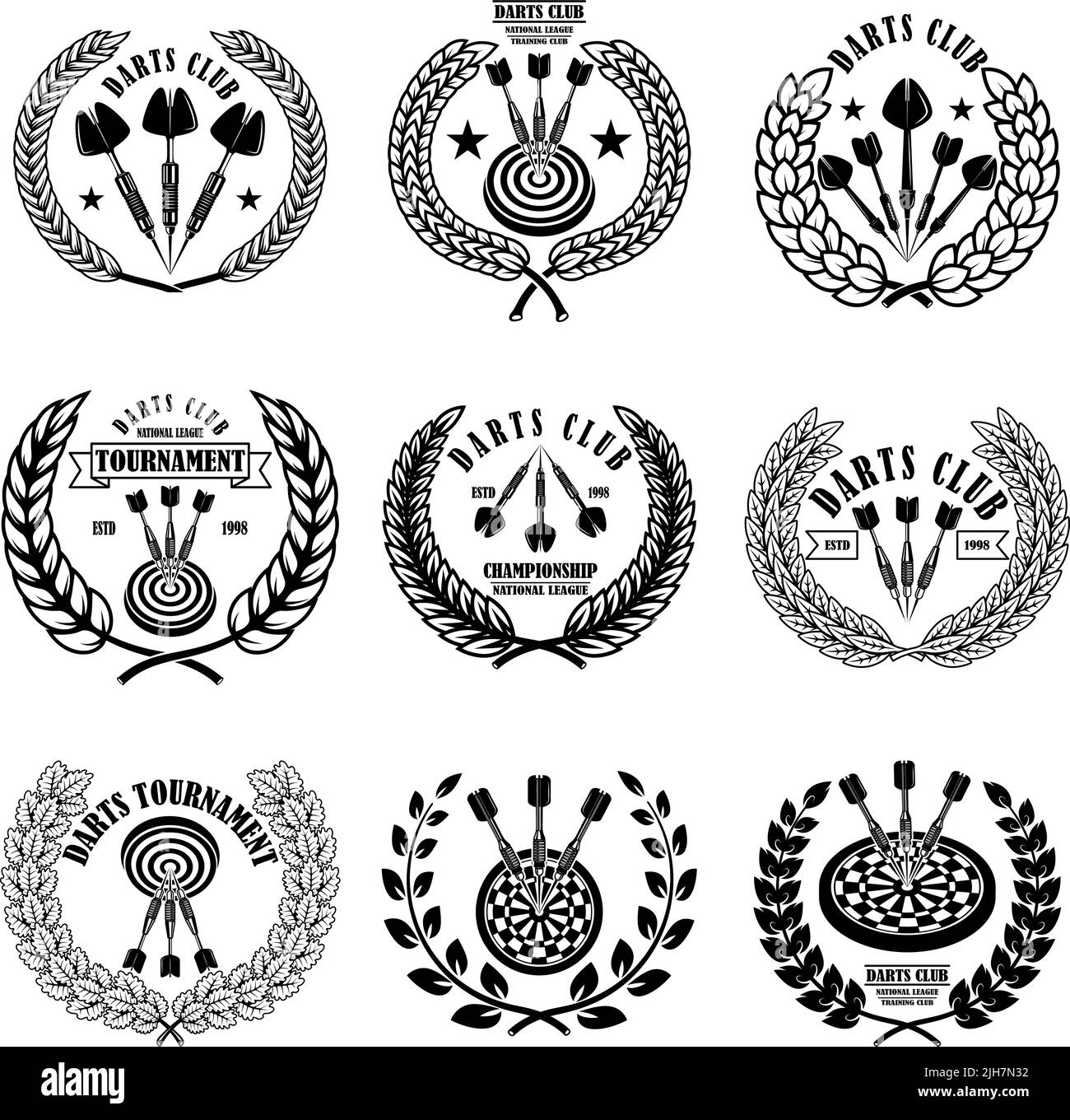 Set of emblems with darts. Design element for logo, label, sign, emblem