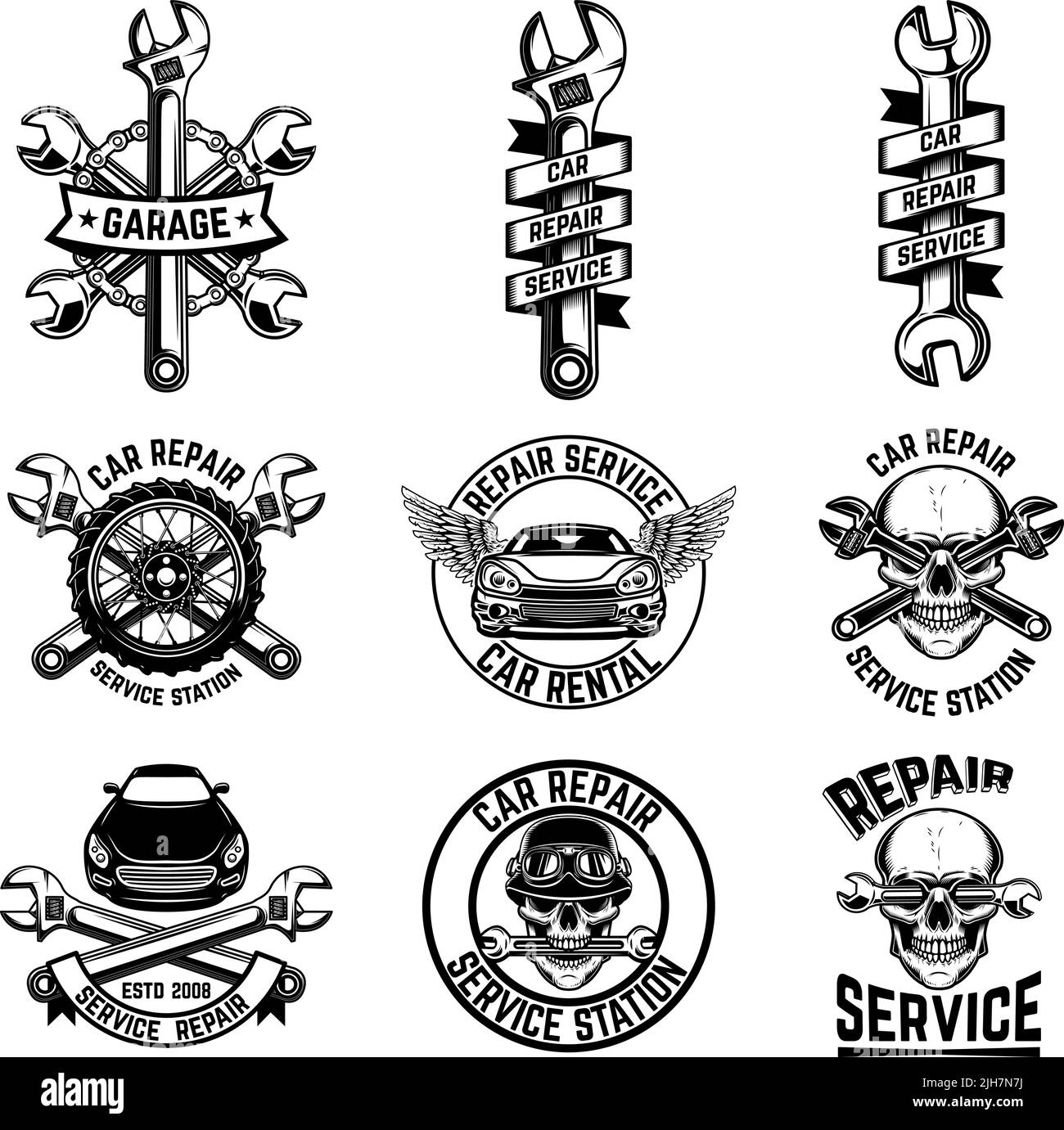 Set of car repair emblems. Design element for logo, label, sign, badge