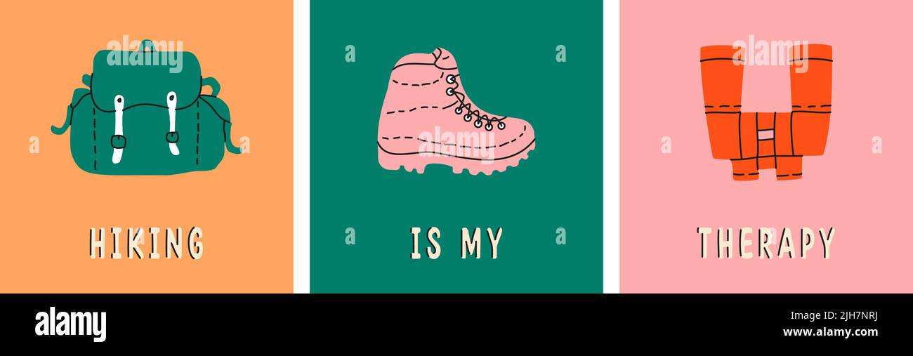 Hiking is My Therapy lettering quote typography poster. Binoculars