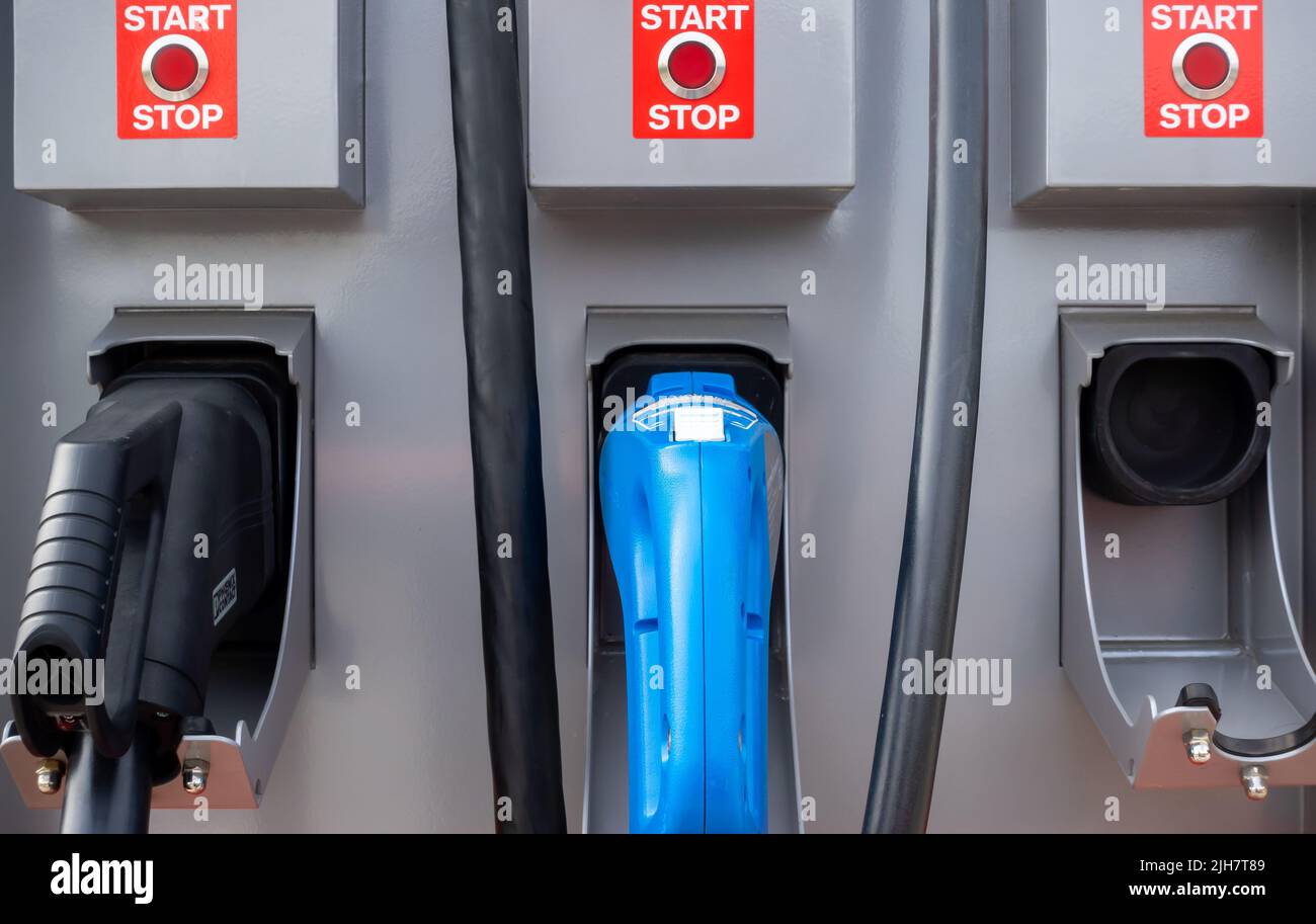 Fast charging plugs at public electric car charging stations