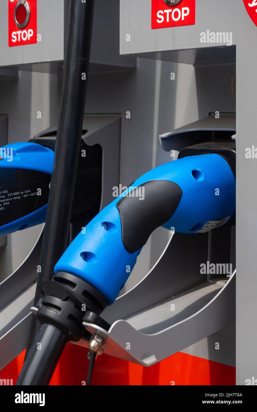Fast charging plugs at public electric car charging stations