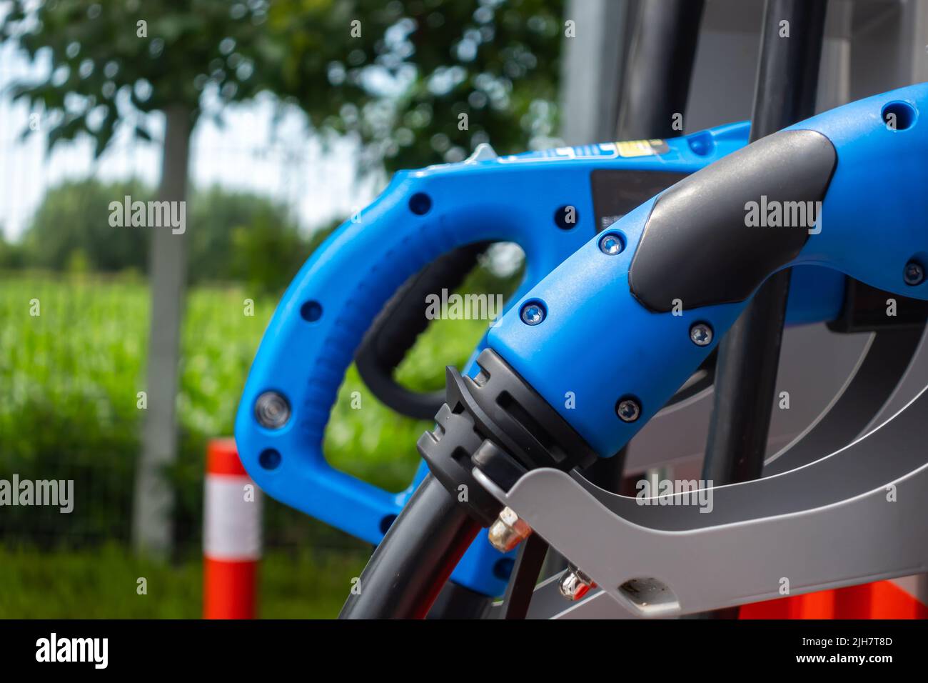 Fast charging plugs at public electric car charging stations. Electromobility in everyday life