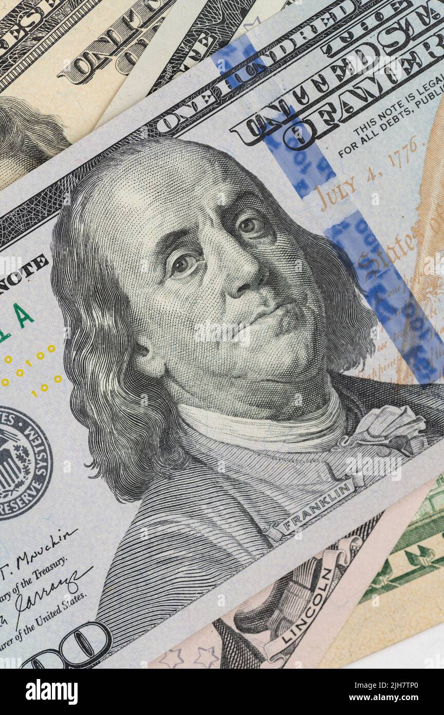 100 Dolar banknote USA close up. Franklin macro. One hundred American dollars. Stock Photo