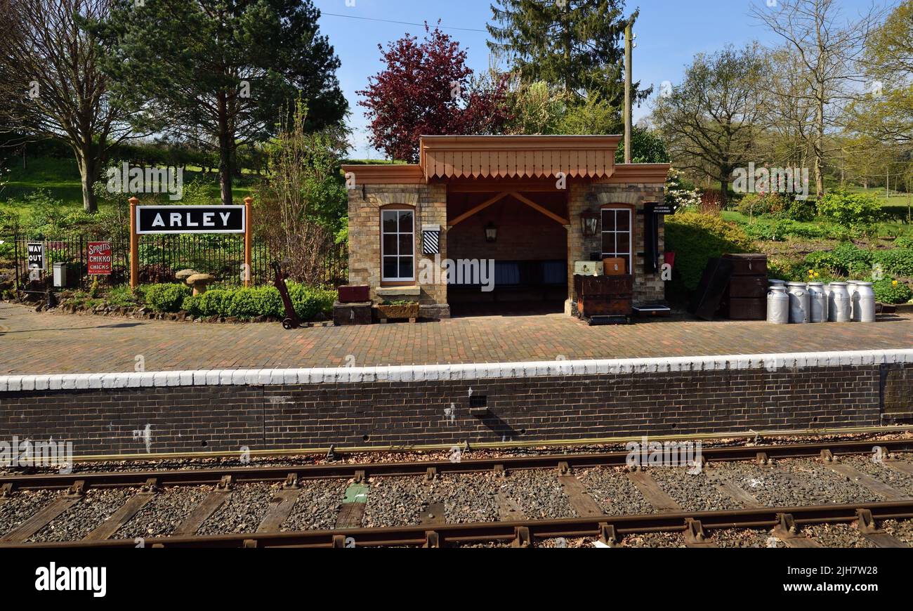 One of the platforms at Arley station on the Severn Valley Railway during its spring gala 2022. Stock Photo