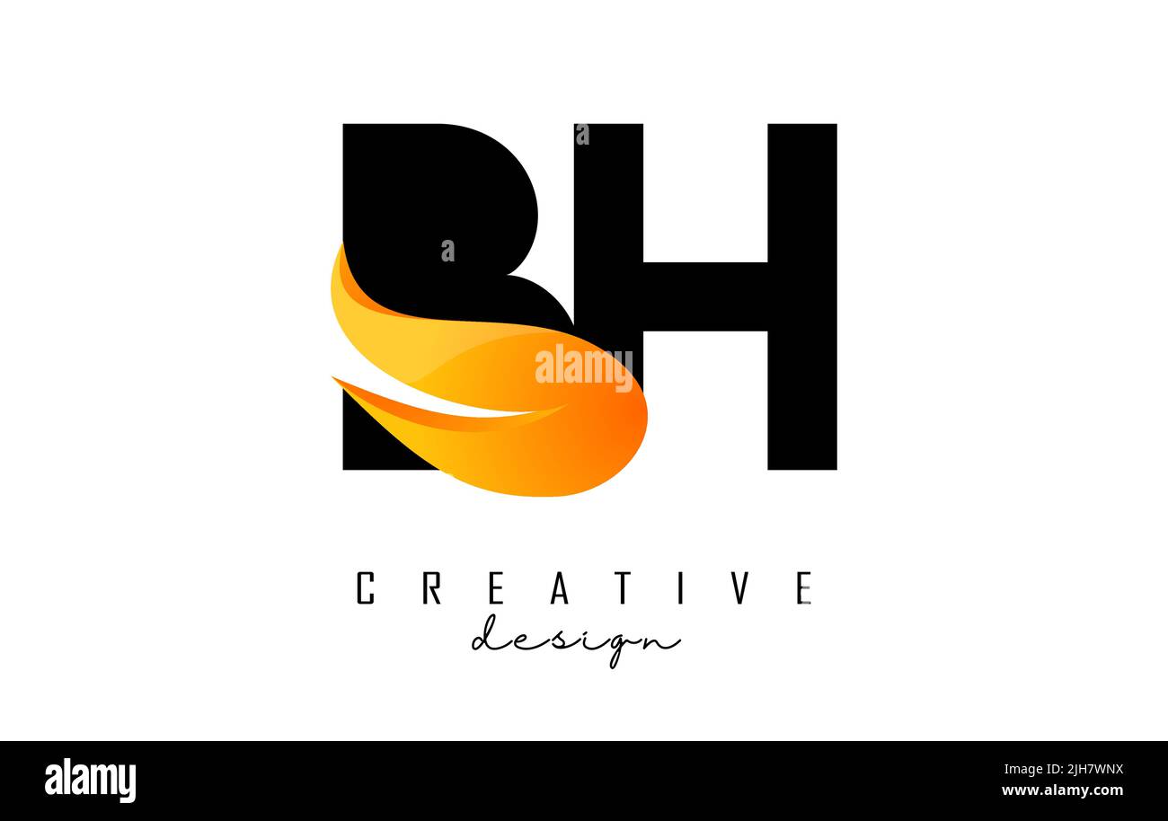 Vector illustration of abstract letters BH b h with fire flames and orange owoosh design. Letters logo with creative cut and shape. Stock Vector