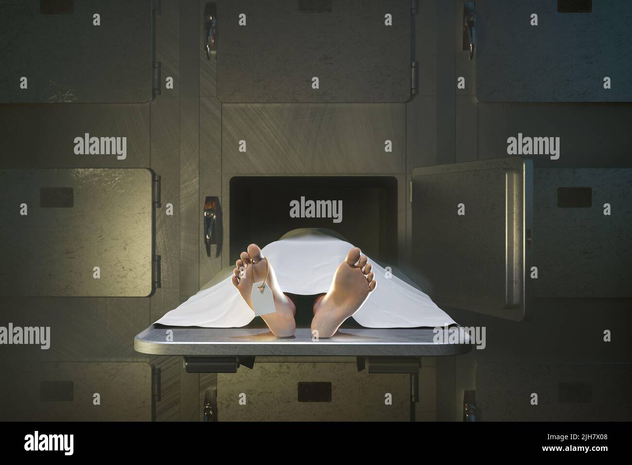 Body of dead man in open cell in hospital morgue - 3d rendering Stock Photo