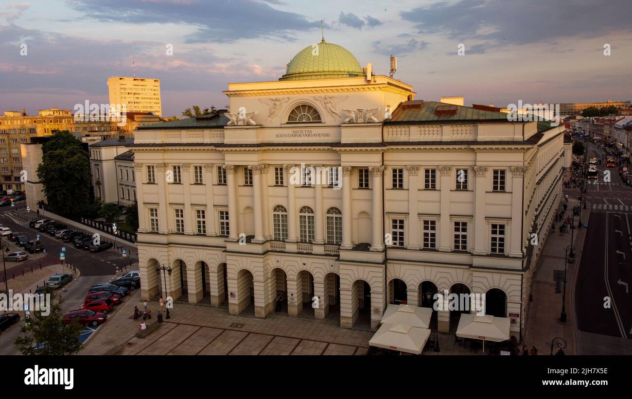 PAN (Polish Academy of Sciences) building at sunset at Krakowskie Przedmieście in Warsaw, Poland Stock Photo