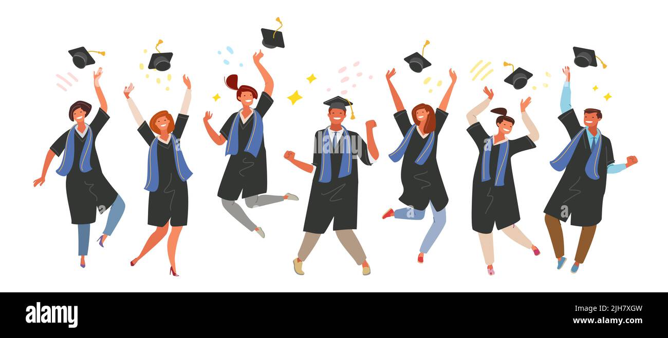 Joyful graduates in graduation gowns toss their hats. Happy students jump and fun. Graduation ceremony of university education Stock Vector