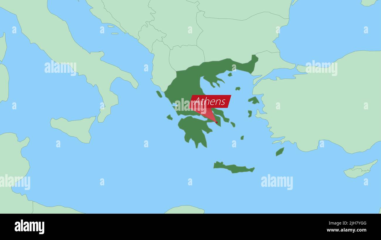 Map of Greece with pin of country capital. Greece Map with neighboring