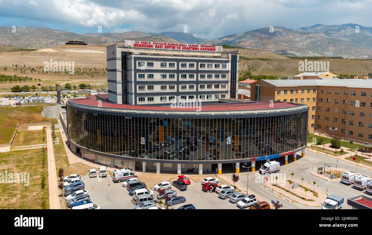 Erzincan, Turkey june 2022; Aerial and side view of mengucek hospital, this place known as 'Mengucek Gazi Egitim ve Arastirma Hastanesi' Stock Photo