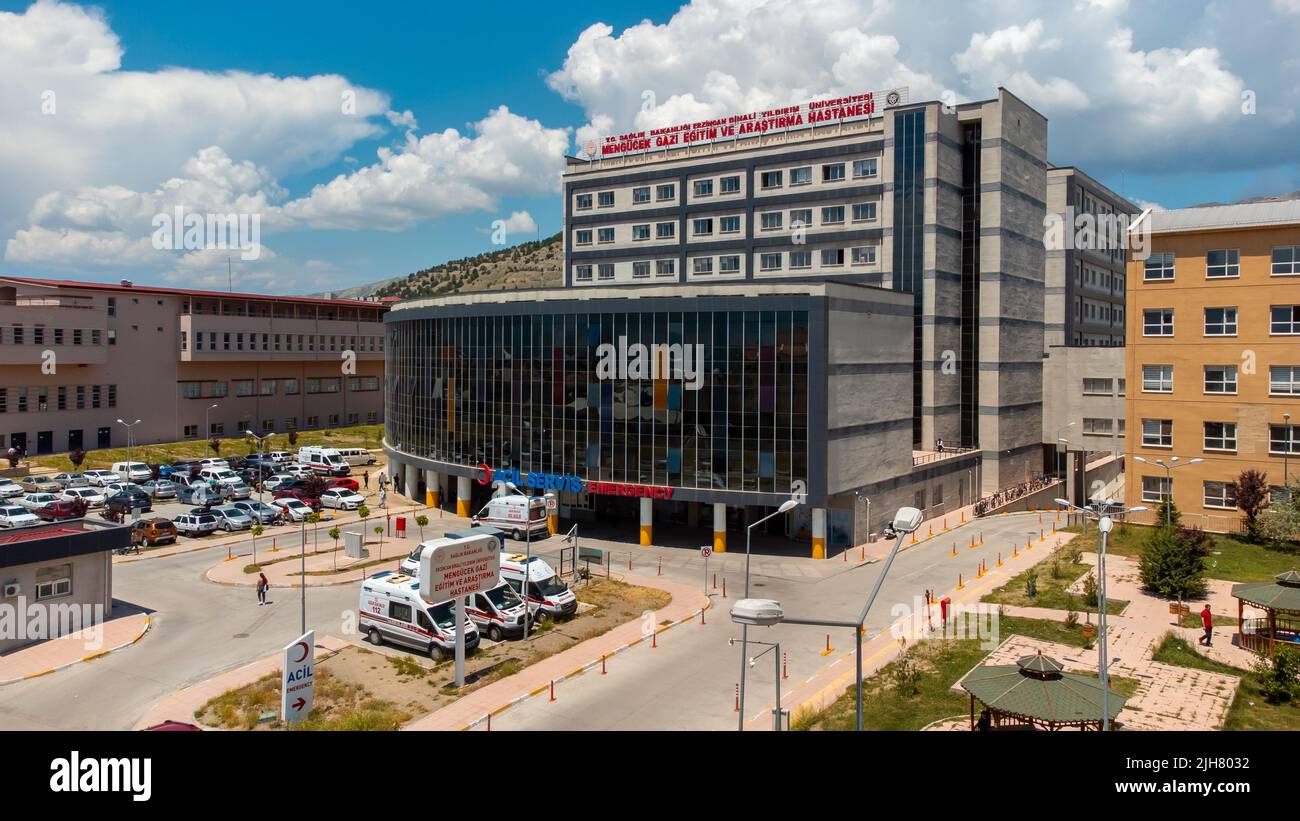 Erzincan, Turkey June 2022: Aerial and side shot of mengucek hospital, this place known as 'Mengucek Gazi Egitim ve Arastirma Hastanesi' Stock Photo