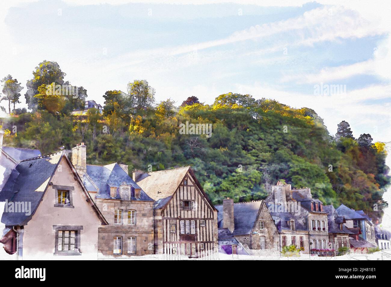 Digital Image of roofs of Dinan, France in a water color style Stock Photo
