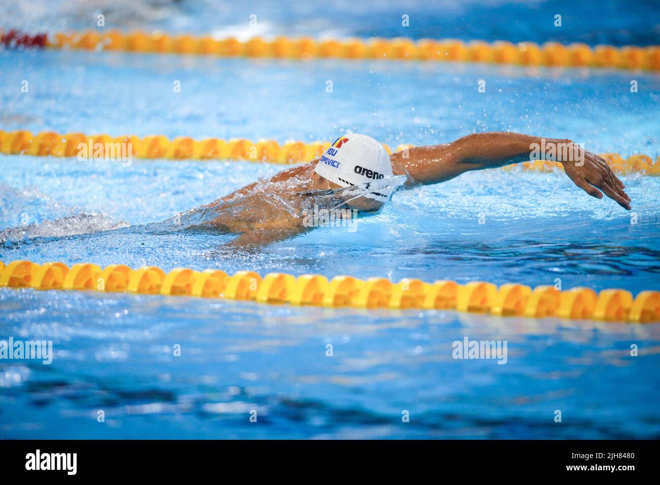 Otopeni, Romania - 8 July 2022: Details with David Popovici swimmer from Romania competing at the LEN European Junior Championships. Stock Photo