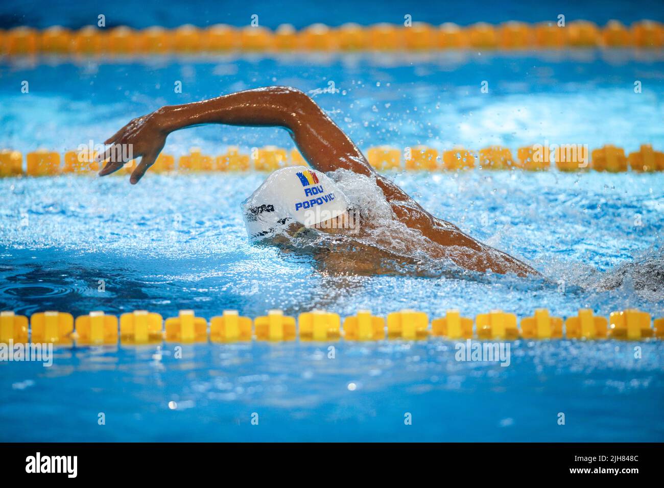 Otopeni, Romania - 8 July 2022: Details with David Popovici swimmer from Romania competing at the LEN European Junior Championships. Stock Photo