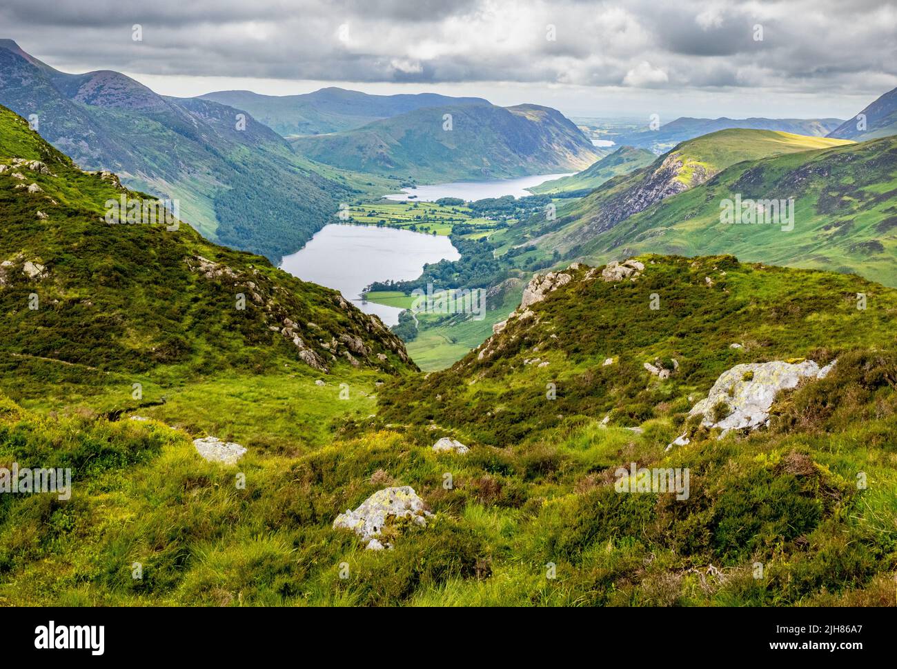 Buttermere and Crummock Water from Fleetwith Pike in the English Lake District Cumbria UK Stock Photo