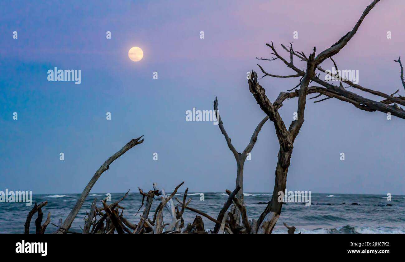 A view of the moon over the Atlantic Ocean. Photo taken from Folly Beach, South Carolina. Stock Photo