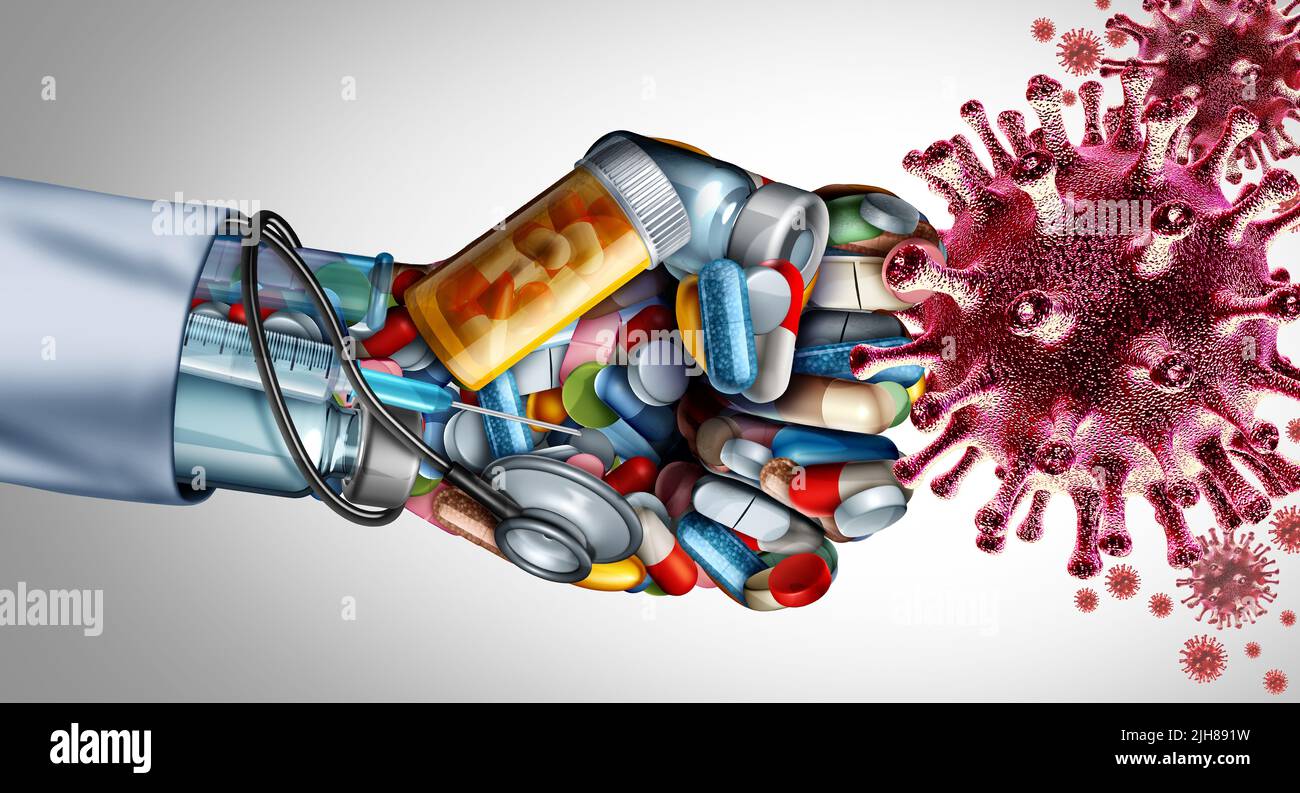Health Care Virus Fight and fighting disease as a docor or nurse fist made of medical equipment attacking contagious virus cells and pathogens. Stock Photo