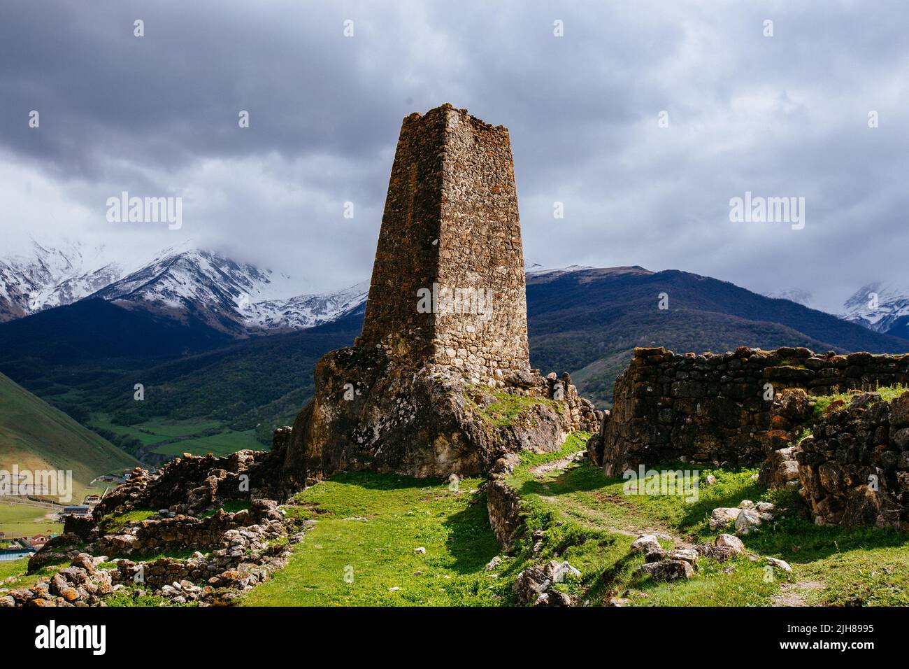 Ancient ruined medieval tower complex Tsimiti in North Ossetia Stock Photo