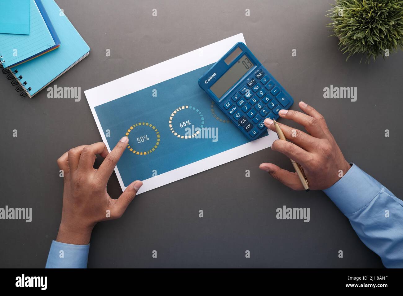 man hand with pen analyzing financial data pov Stock Photo