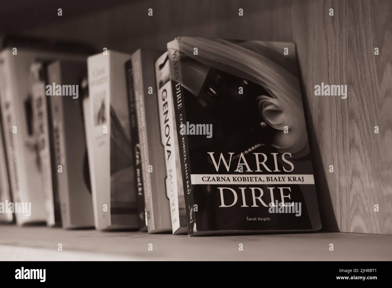 A Waris Dirie book standing on a wooden shelf in black and white Stock Photo