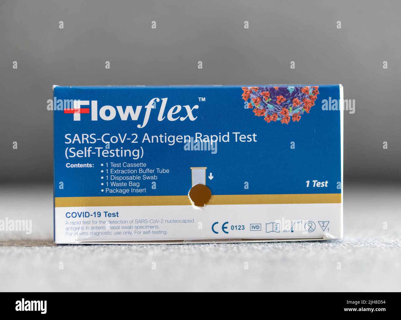 A closeup of a box with Covid19 rapid tests of Flowflex brand with a