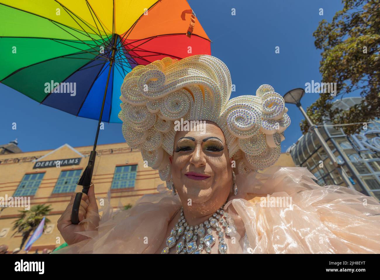 Southend on Sea, UK. 16th July, 2022. 1000s of participants gather for Southend Pride event, before the parade sets off along the High Street and into Warrior Square Gardens for a Pride Festival featuring live entertainment. Penelope Barritt/Alamy Live News Stock Photo