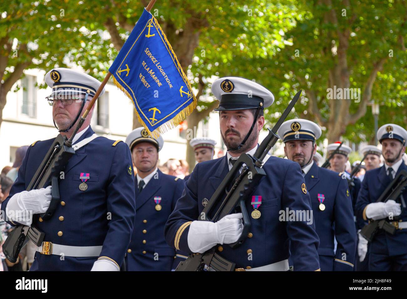 Brest, France - July 14 2022: Sailors from the logistics department of the Brest navy parading for July 14th. Stock Photo